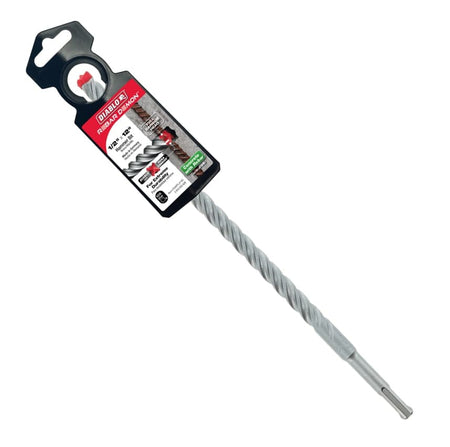 A studio photograph of the 1/2-inch by 12-inch Diablo Rebar Demon SDS-Plus hammer drill bit in its original retail hang-tag packaging, which highlights its 7X longer life and 1800°F heat resistance.