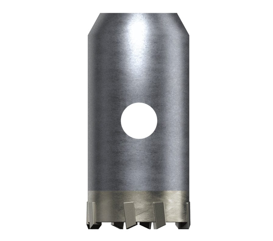 A studio product shot of the silver Diablo DMAPLCC1030 SDS-Plus thin wall core bit, featuring carbide-tipped teeth and a hollow cylindrical body designed for drilling into masonry and concrete.