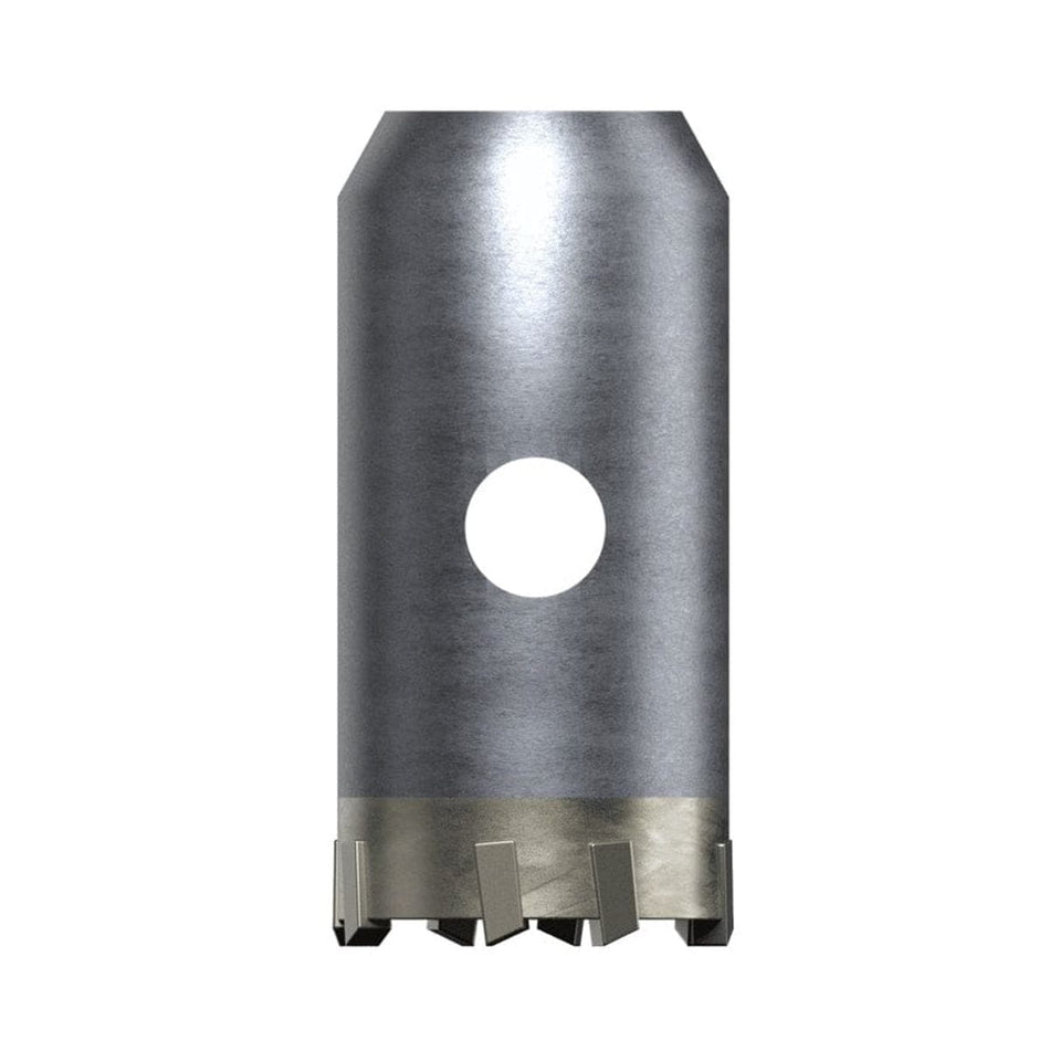A studio product shot of the silver Diablo DMAPLCC1030 SDS-Plus thin wall core bit, featuring carbide-tipped teeth and a hollow cylindrical body designed for drilling into masonry and concrete.