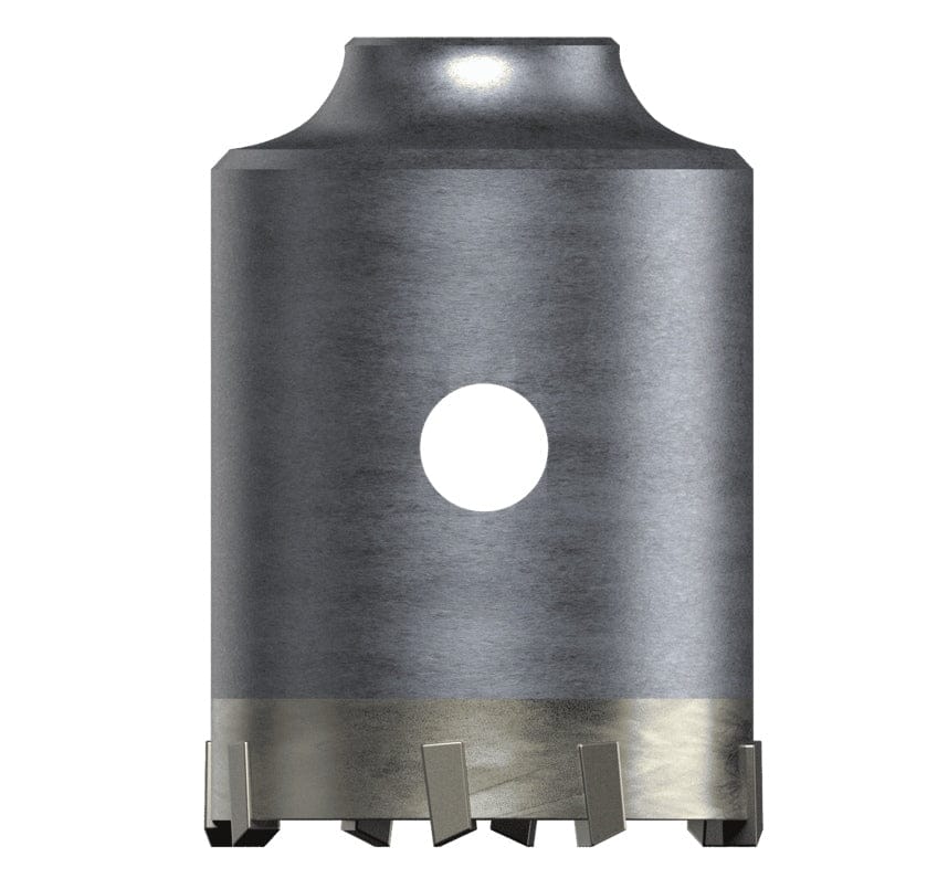 A studio product shot of the silver Diablo DMAPLCC1050 SDS-Plus thin wall core bit, featuring carbide-tipped teeth and a hollow cylindrical steel body designed for drilling into masonry and concrete.