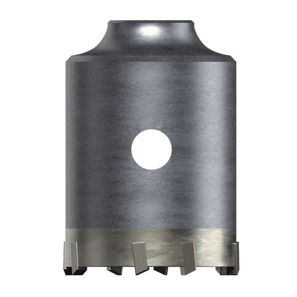 A studio product shot of the silver Diablo DMAPLCC1050 SDS-Plus thin wall core bit, featuring carbide-tipped teeth and a hollow cylindrical steel body designed for drilling into masonry and concrete.