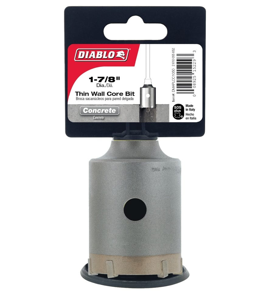 The retail packaging for the Diablo 1-7/8 inch thin wall core bit, highlighting its compatibility with concrete and its SDS-Plus shank, showing the bit standing with its card attached.