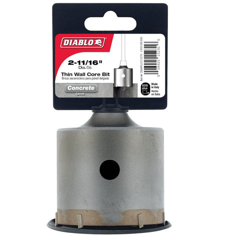The retail packaging for the Diablo 2-11/16 inch thin wall core bit, highlighting its SDS-Plus shank and compatibility with concrete.