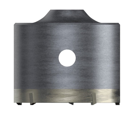 A studio product shot of the silver Diablo DMAPLCC1080 SDS-Plus thin wall core bit featuring a hollow cylindrical steel body with carbide-tipped teeth and a central ejector hole for debris removal.