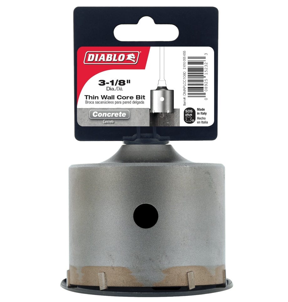 The retail packaging for the Diablo 3-1/8 inch thin wall core bit, displaying the bit standing with its card attached, which highlights its SDS-Plus shank and primary application for concrete.