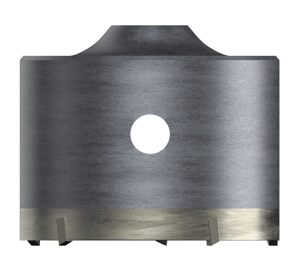 A studio product shot of the silver Diablo DMAPLCC1100 SDS-Plus thin wall core bit featuring a hollow cylindrical steel body with carbide-tipped teeth and a central ejector hole for debris removal.