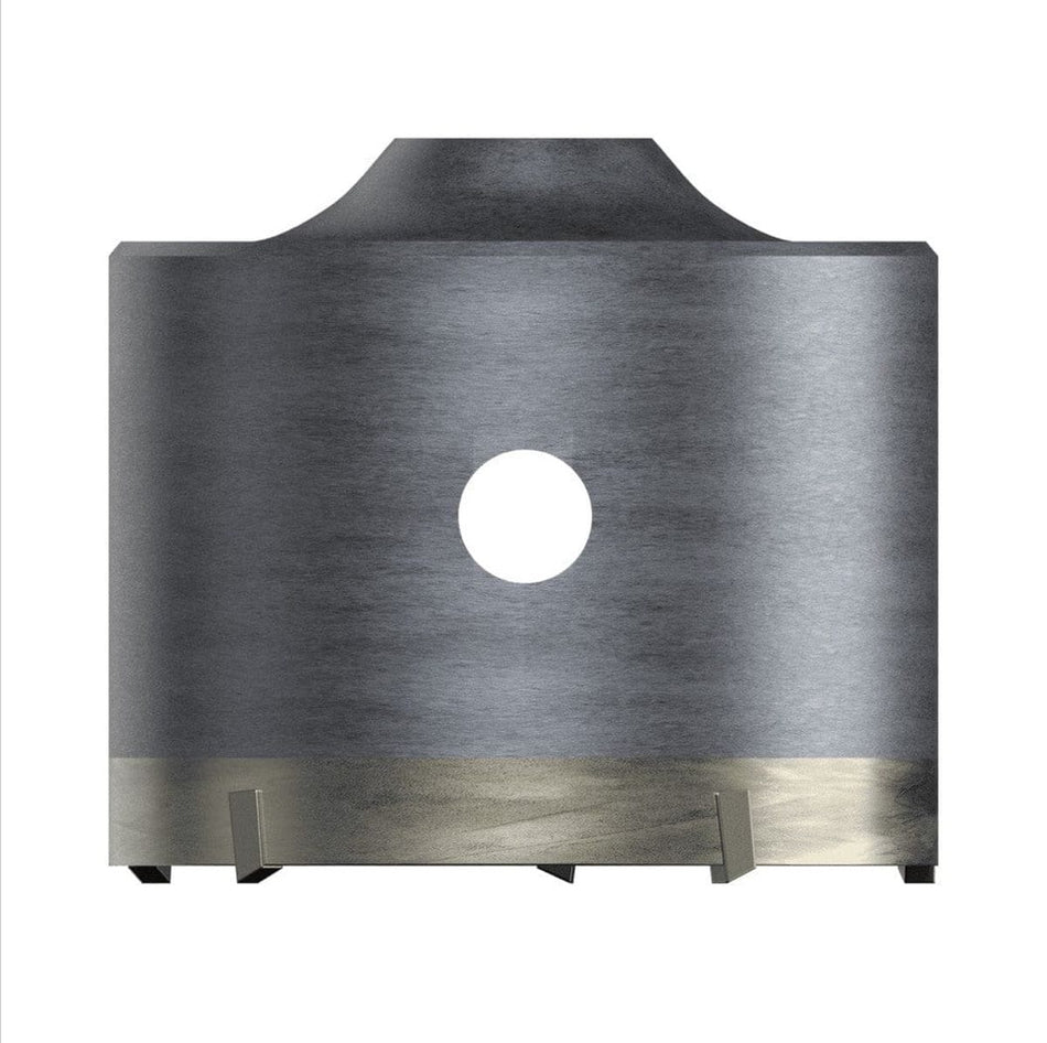 A studio product shot of the silver Diablo DMAPLCC1100 SDS-Plus thin wall core bit featuring a hollow cylindrical steel body with carbide-tipped teeth and a central ejector hole for debris removal.