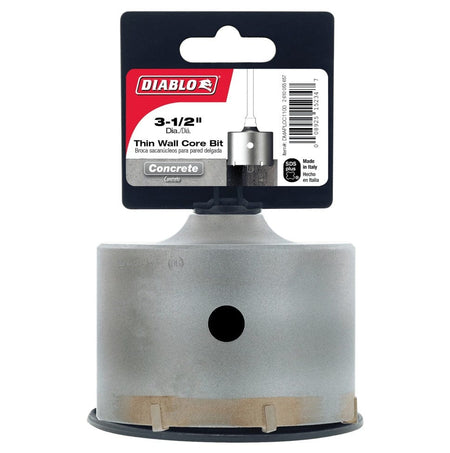 The retail packaging for the Diablo 3-1/2 inch thin wall core bit, displaying the bit standing with its card attached, which highlights its SDS-Plus shank and primary application for concrete.