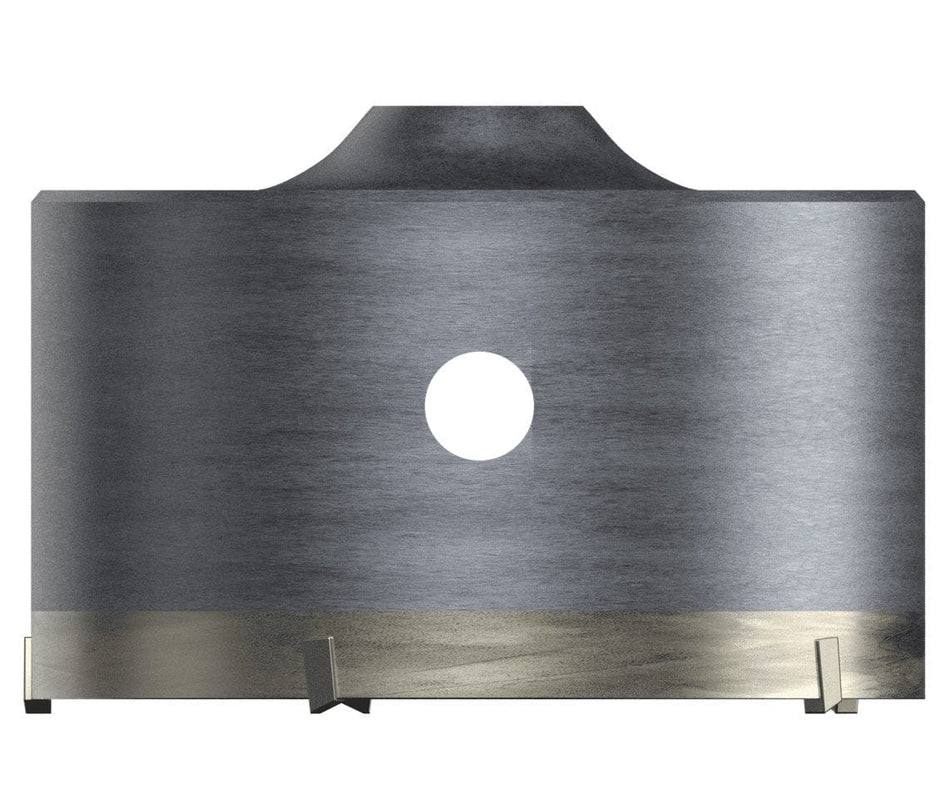 A studio product shot of the silver Diablo DMAPLCC1120 SDS-Plus thin wall core bit featuring a hollow cylindrical steel body with carbide-tipped teeth and a central ejector hole for debris removal.