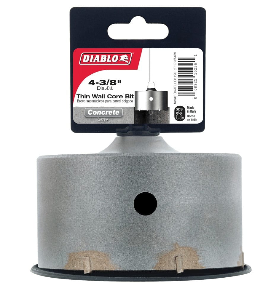 The retail packaging for the Diablo 4-3/8 inch thin wall core bit, displaying the bit standing with its card attached, which highlights its SDS-Plus shank and primary application for concrete.