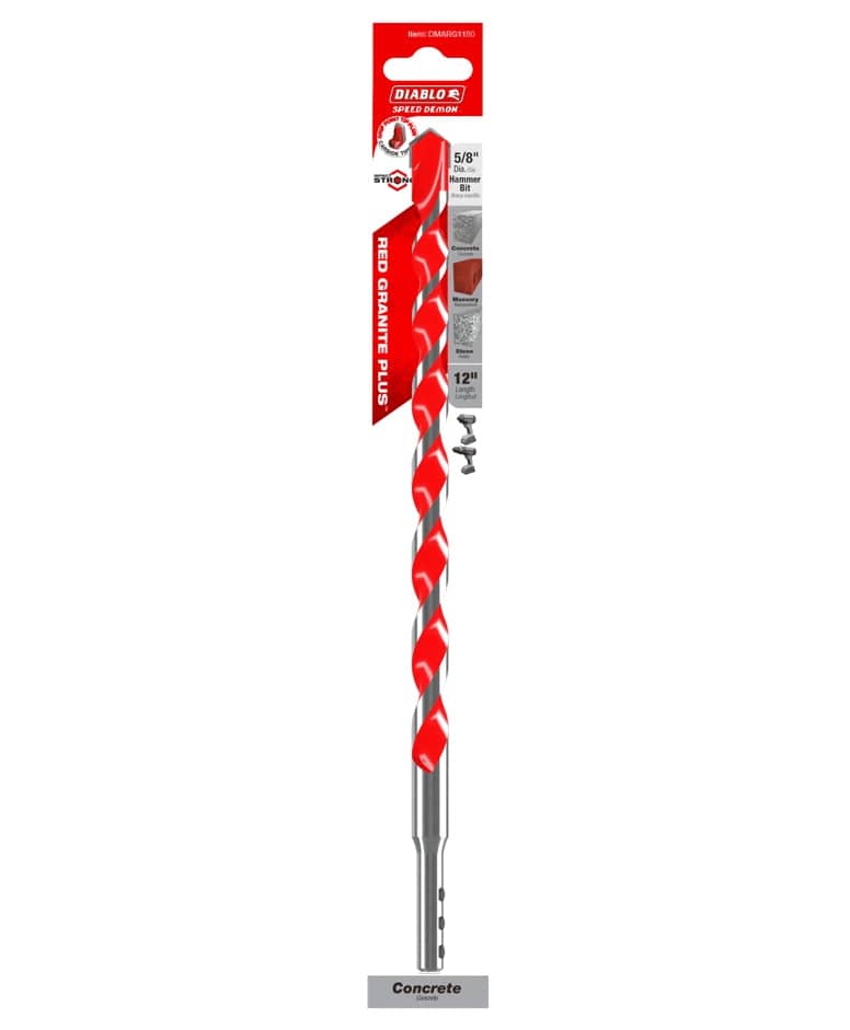 Retail packaging for the Diablo SPEEDemon Red Granite PLUS 5/8 inch by 12 inch hammer drill bit, highlighting 4X longer life and compatibility with concrete, masonry, and stone.
