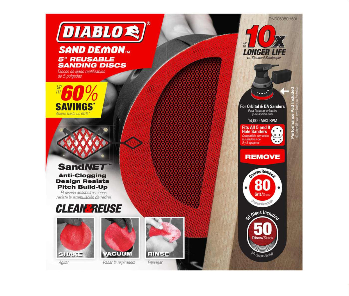 Diablo Sand Demon 50-pack retail packaging showcasing the 10X longer life guarantee, 80-grit coarse rating, and the clean and reuse system via shaking, vacuuming, or rinsing.
