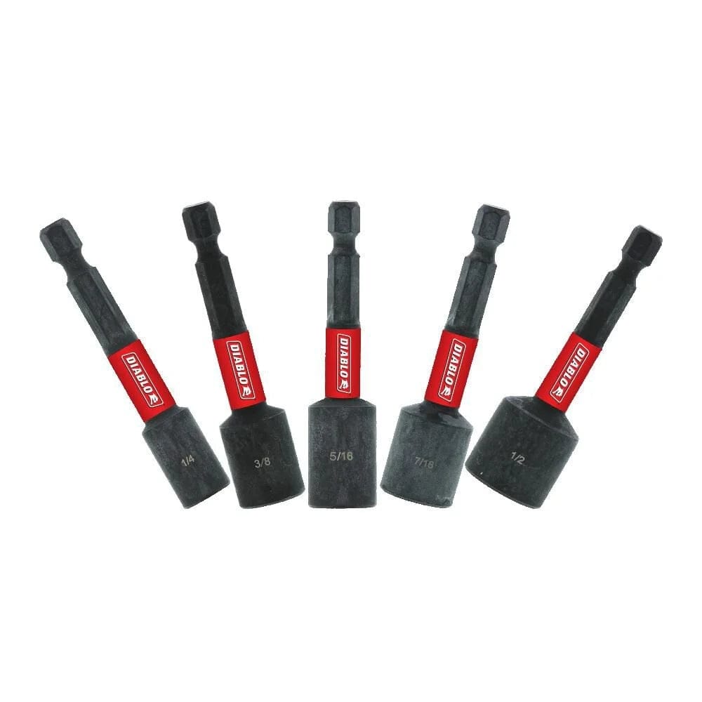 A product group shot featuring five assorted 2-9/16 inch Diablo magnetic nut setters arranged in a fanned-out pattern. Each tool features a black finish, a 1/4-inch hex shank, and a red band with the Diablo logo. The socket heads are laser-etched with their respective sizes: 1/4, 3/8, 5/16, 7/16, and 1/2.