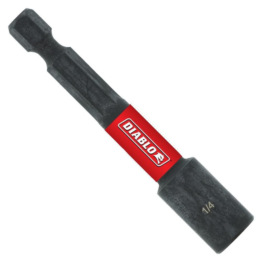A full profile view of a Diablo 1/4-inch magnetic nut setter featuring a black finish, a red branding band, and an extended 2-9/16 inch length