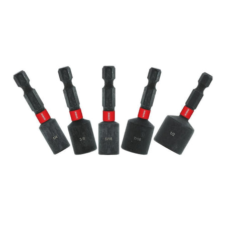 Five assorted Diablo magnetic nut setters fanned out against a white background. The black nut setters have 1/4-inch hex shanks and red brand bands, with sizes 1/4, 3/8, 5/16, 7/16, and 1/2 laser-etched on the socket heads.
