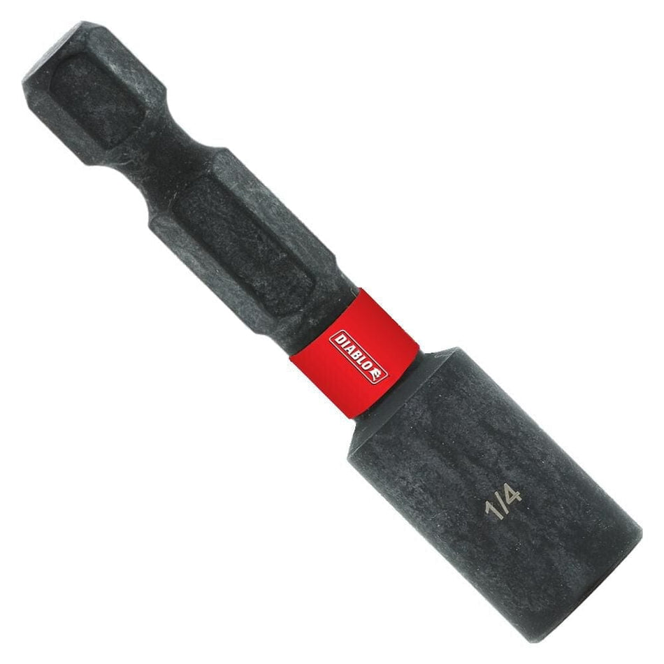 A studio product shot of a single black Diablo 1/4-inch magnetic nut setter featuring a 1-7/8 inch length, a red brand band, and a 1/4-inch hex shank.