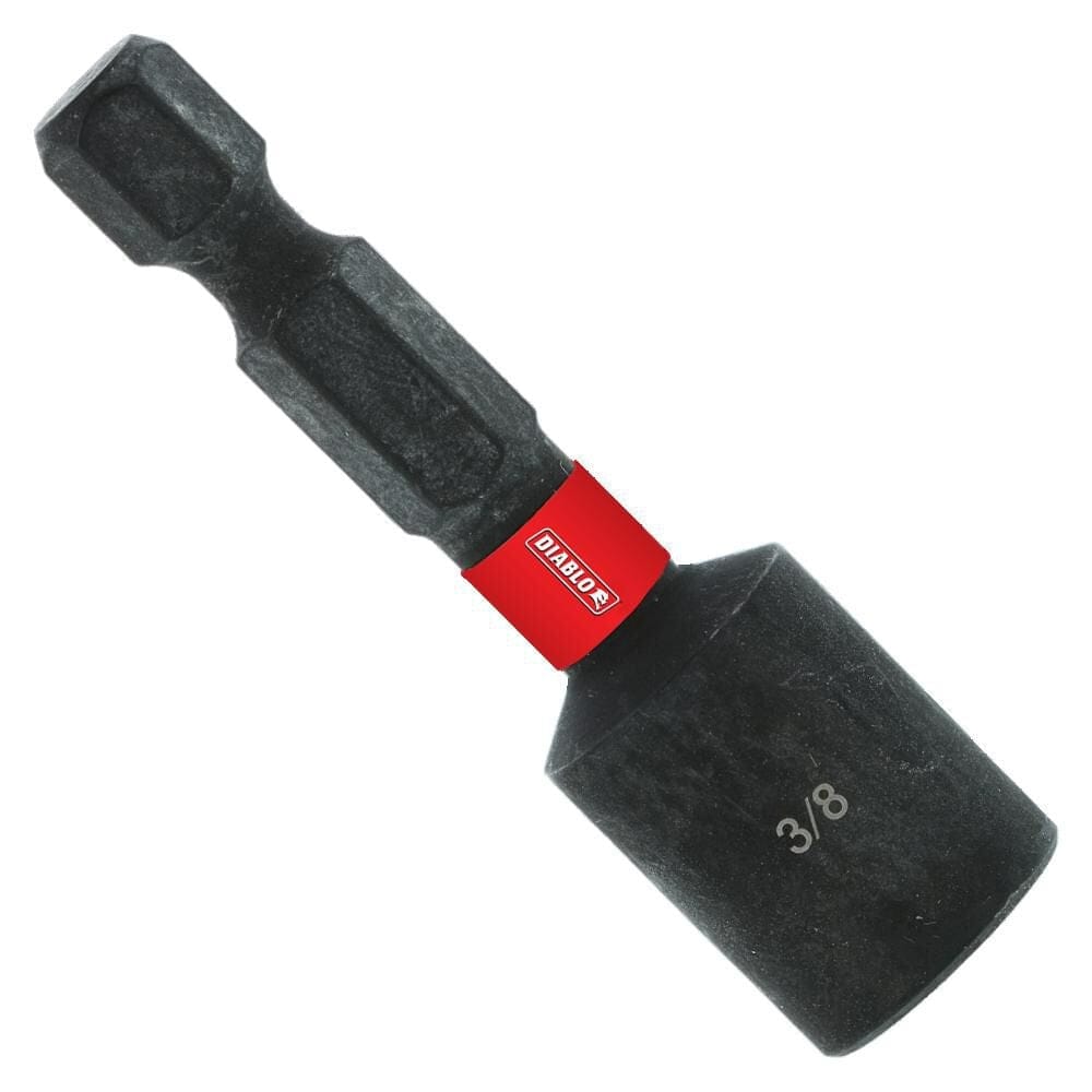 A full profile view of a Diablo 3/8-inch magnetic nut setter featuring a black finish, a red branding band, and a 1/4-inch hex shank