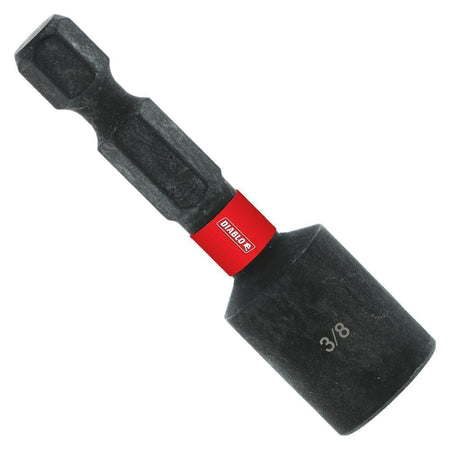 A full profile view of a Diablo 3/8-inch magnetic nut setter featuring a black finish, a red branding band, and a 1/4-inch hex shank