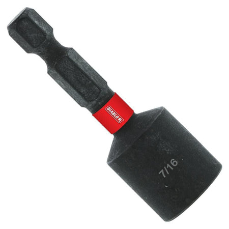 A studio product image of the Diablo 7/16-inch magnetic nut setter featuring a black oxide finish and a 1/4-inch hex shank. The tool is marked with a red band containing the Diablo logo, and the size 7/16 is laser-etched on the side of the socket head.