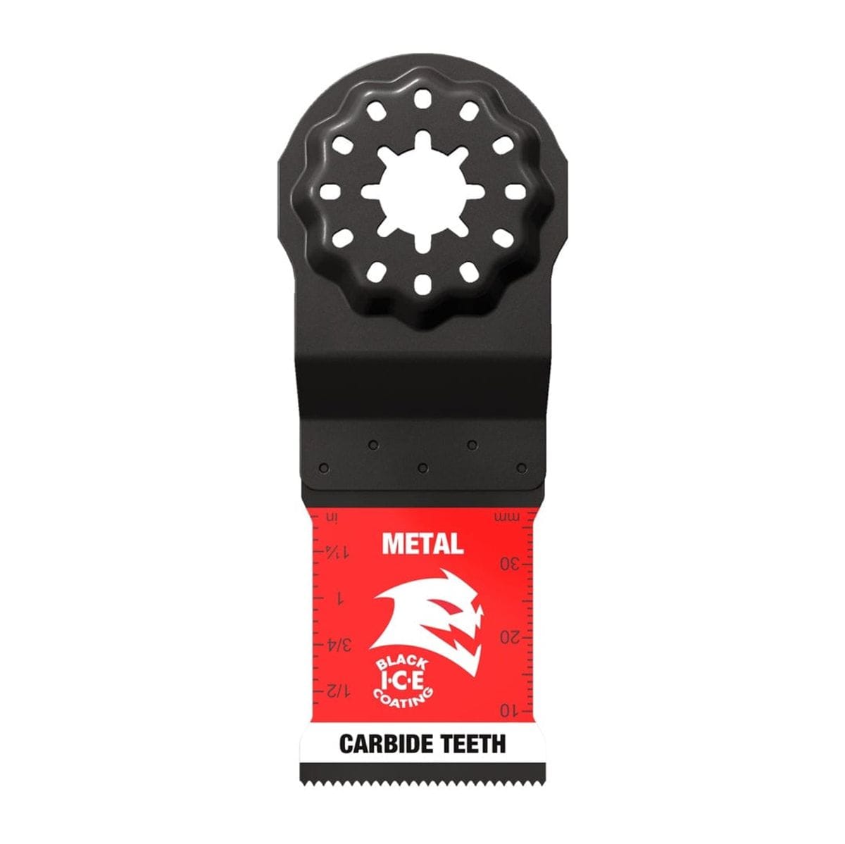 A single high-resolution product image of a black Diablo 1-1/4 inch oscillating multi-tool blade with red branding, showing the Starlock interface and laser-etched depth markings.