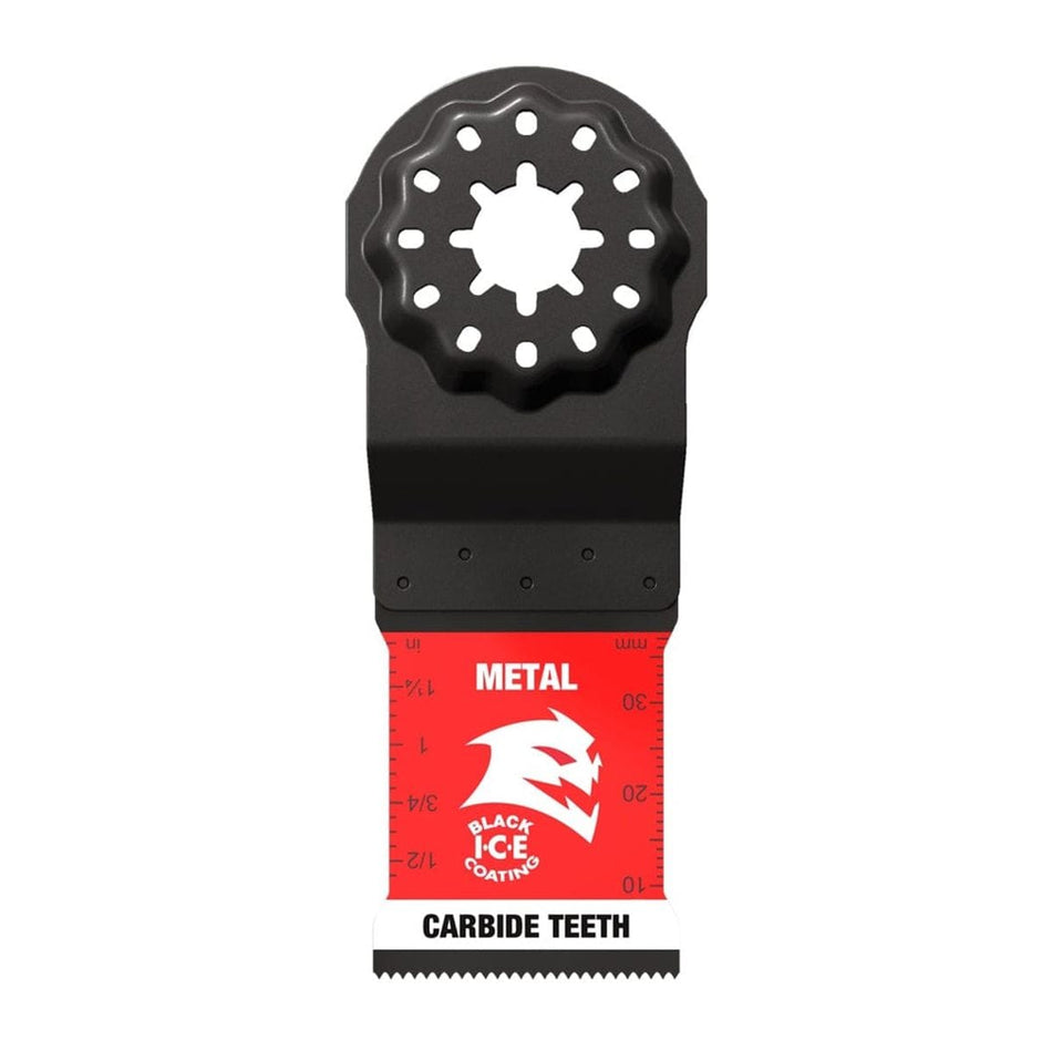 A single high-resolution product image of a black Diablo 1-1/4 inch oscillating multi-tool blade with red branding, showing the Starlock interface and laser-etched depth markings.