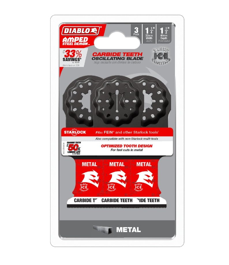 Retail hanging card packaging for a 3-pack of Diablo 1-1/4 inch carbide teeth oscillating blades, highlighting 33% savings, 50X longer life, and Starlock tool compatibility.