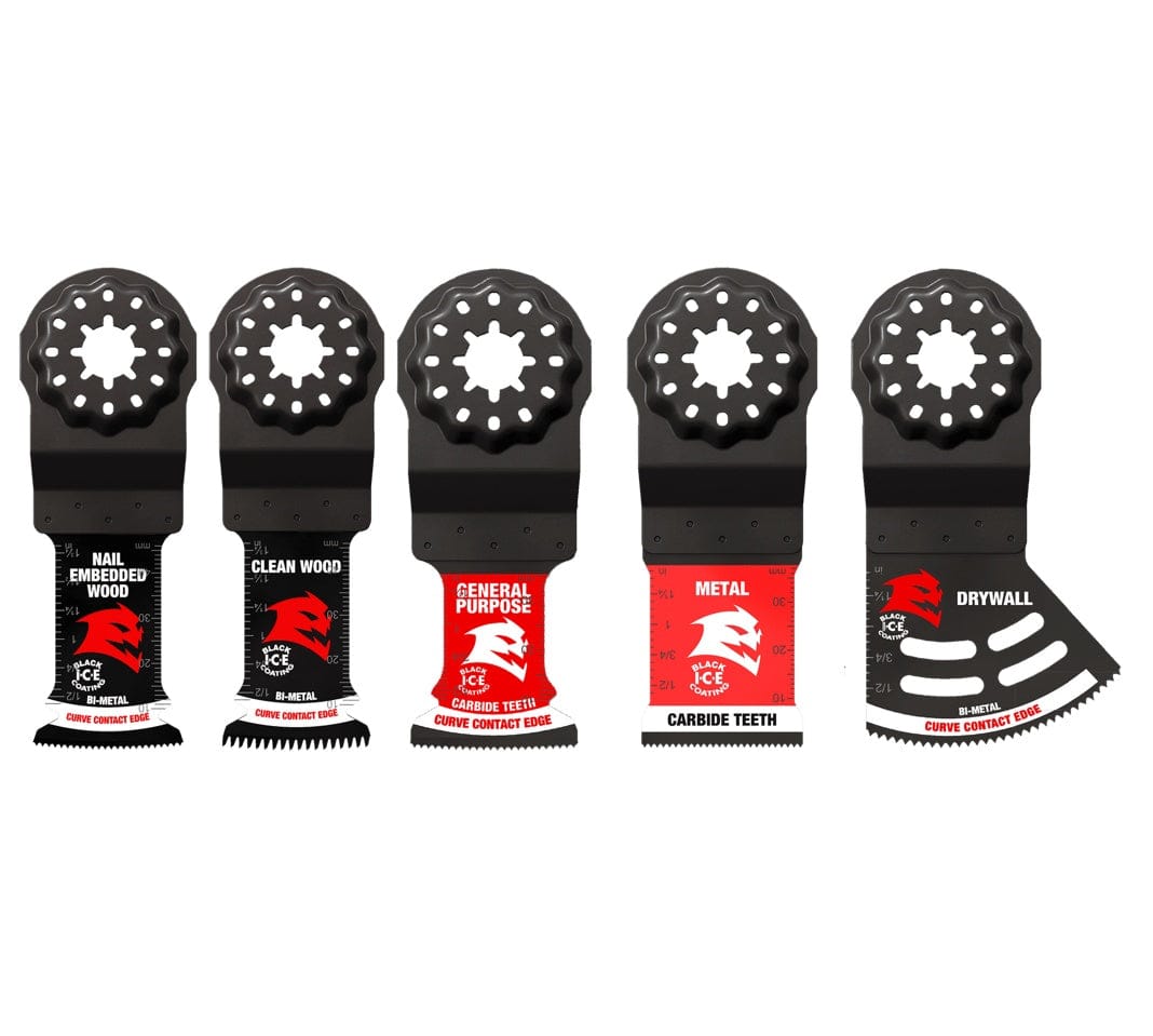 A five-piece Diablo DOS5S Starlock oscillating multi-tool blade set including specialized blades for nail-embedded wood, clean wood, general purpose carbide teeth, metal carbide teeth, and bi-metal drywall cuts.