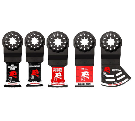 A five-piece Diablo DOS5S Starlock oscillating multi-tool blade set including specialized blades for nail-embedded wood, clean wood, general purpose carbide teeth, metal carbide teeth, and bi-metal drywall cuts.