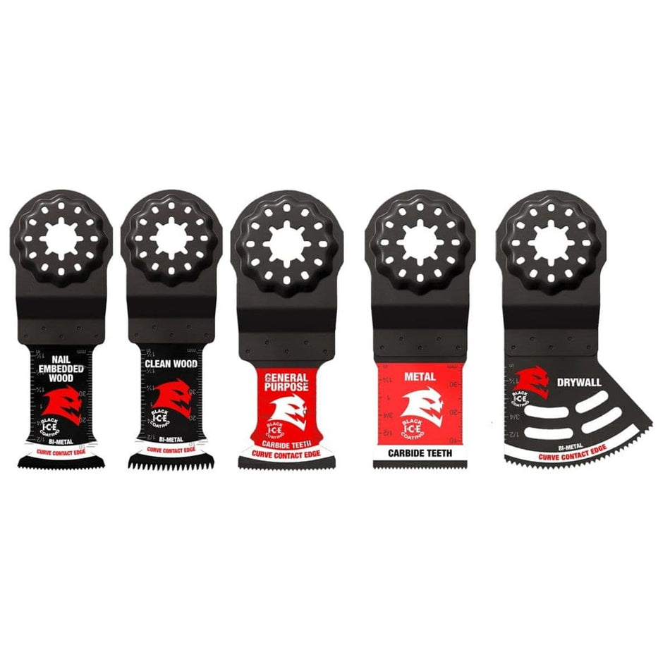 A five-piece Diablo DOS5S Starlock oscillating multi-tool blade set including specialized blades for nail-embedded wood, clean wood, general purpose carbide teeth, metal carbide teeth, and bi-metal drywall cuts.