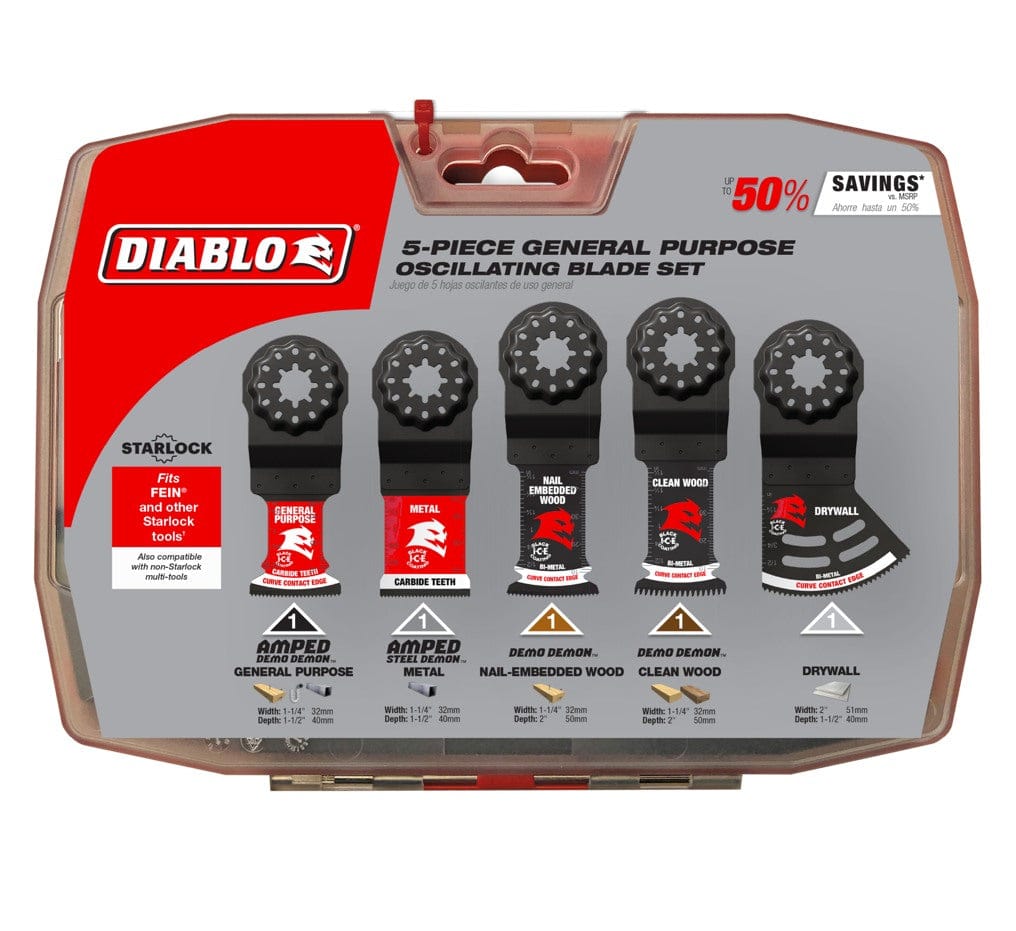 Diablo DOS5S 5-piece general purpose oscillating blade set in its protective hardshell carrying case, highlighting up to 50 percent savings and compatibility with Starlock and non-Starlock multi-tools.