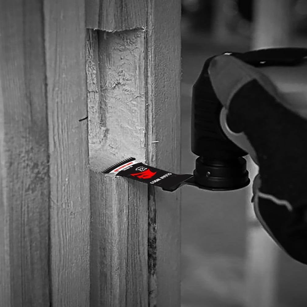 Action view of a Diablo clean wood oscillating multi-tool blade being used to precisely mill a rectangular notch into a vertical wooden stud, highlighting its effectiveness for detailed carpentry work.