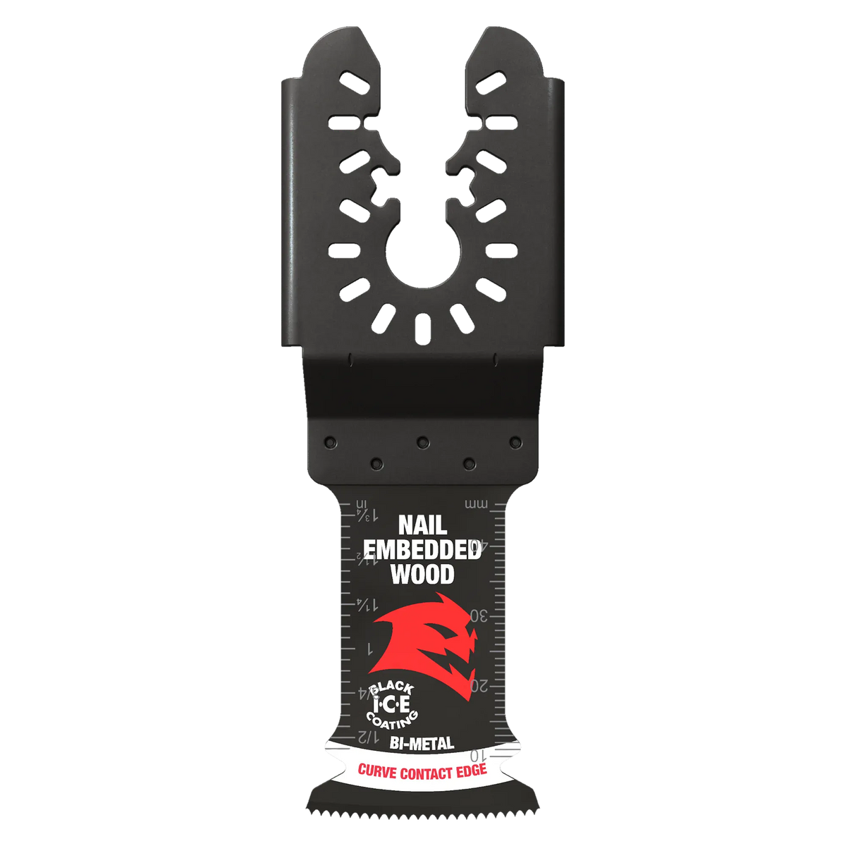 A top-down studio photograph of the black Diablo DOU125BW 1-1/4 inch universal fit oscillating multi-tool blade, displaying the open-backed universal mounting interface, measurement gradients along the neck, the red Demo Demon logo, and the curved bi-metal tooth cutting edge against a solid white background.