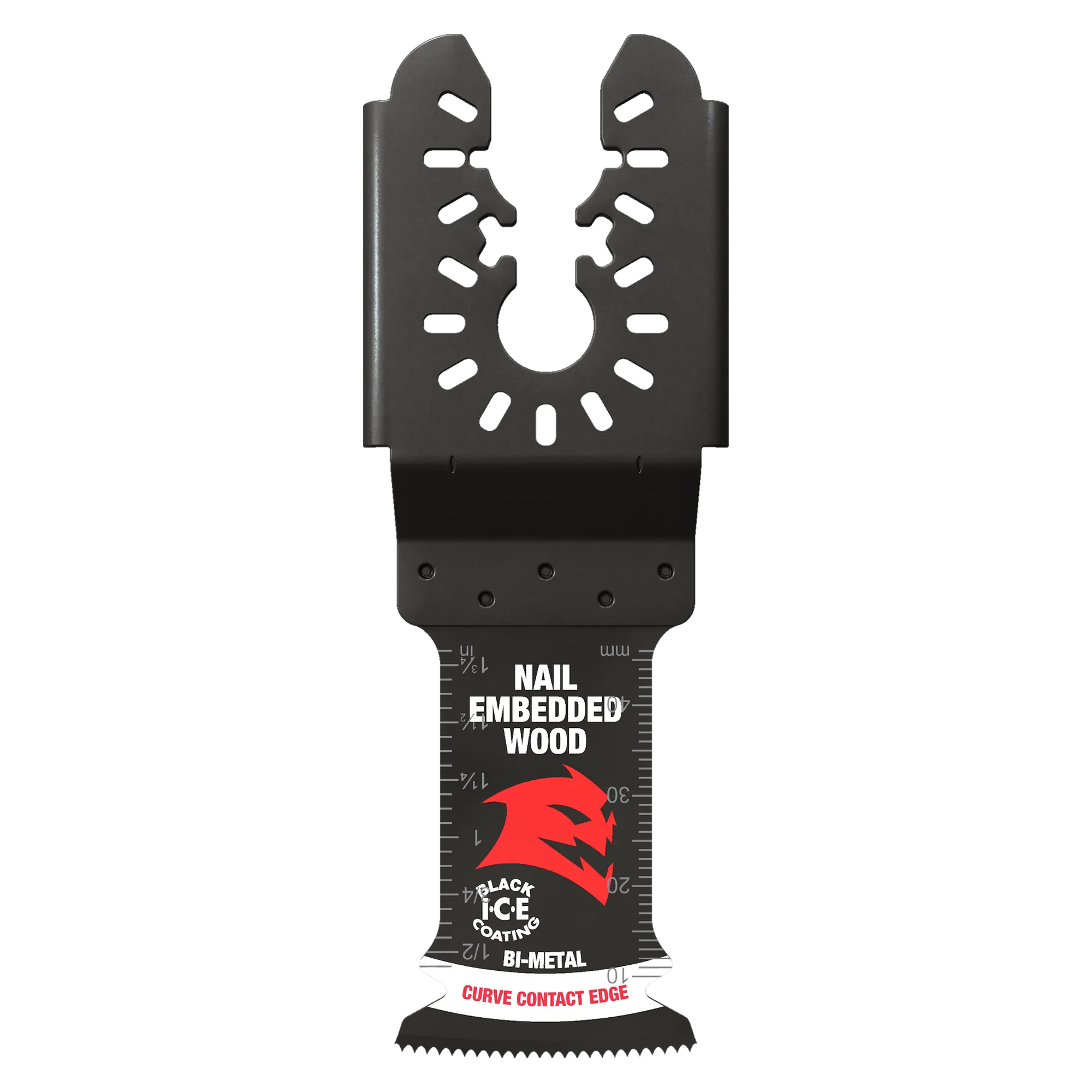 A top-down studio photograph of the black Diablo DOU125BW 1-1/4 inch universal fit oscillating multi-tool blade, displaying the open-backed universal mounting interface, measurement gradients along the neck, the red Demo Demon logo, and the curved bi-metal tooth cutting edge against a solid white background.
