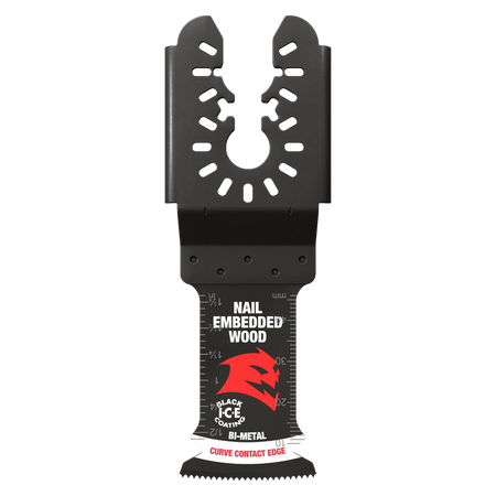 A top-down studio photograph of the black Diablo DOU125BW 1-1/4 inch universal fit oscillating multi-tool blade, displaying the open-backed universal mounting interface, measurement gradients along the neck, the red Demo Demon logo, and the curved bi-metal tooth cutting edge against a solid white background.