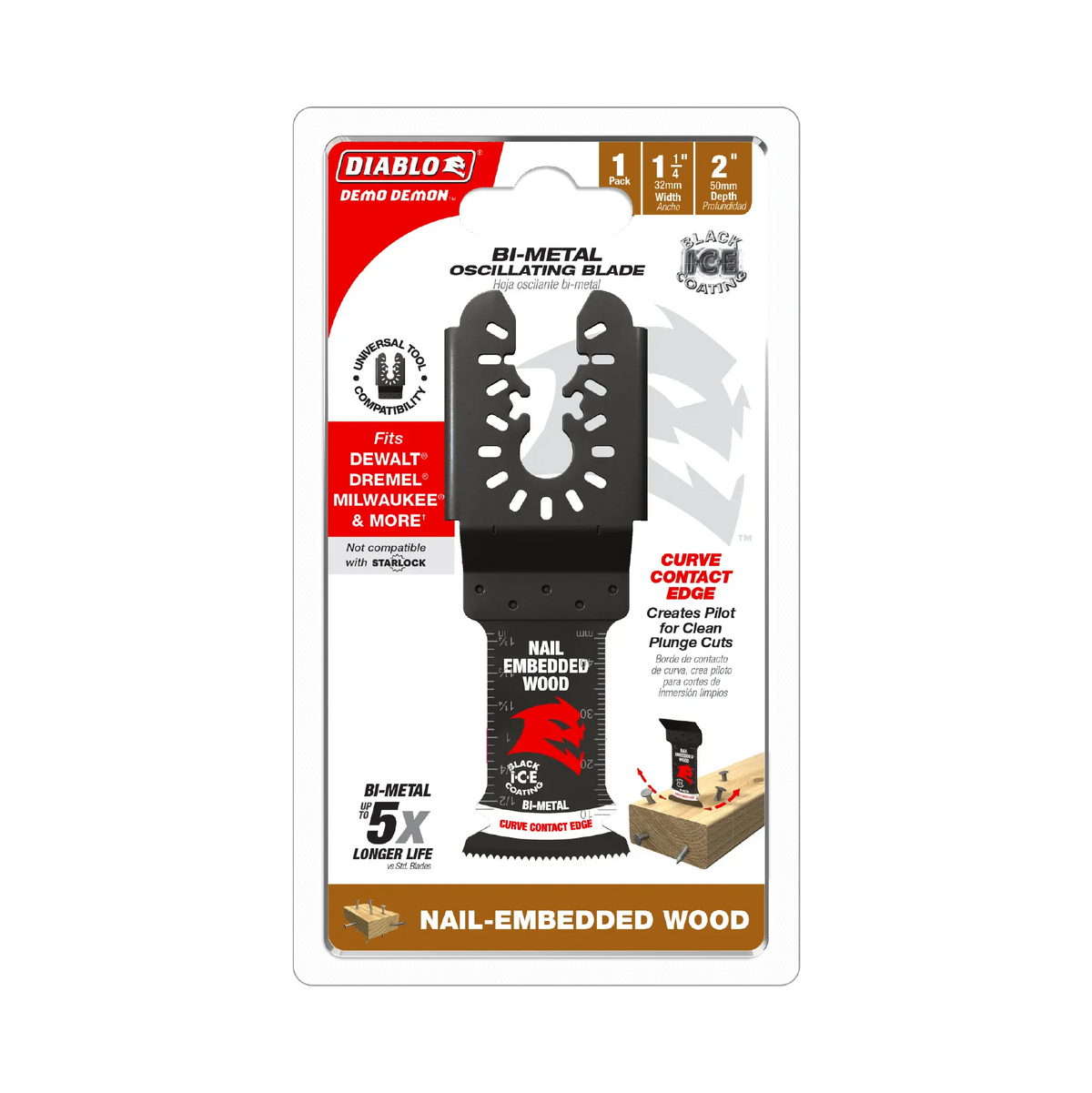 The Diablo DOU125BW 1-1/4 inch Demo Demon oscillating multi-tool blade enclosed in its single clear plastic retail clamshell package, highlighting labels for 5X longer life, universal tool compatibility, and a graphic illustration of the blade plunge-cutting through a nail-embedded wood beam.