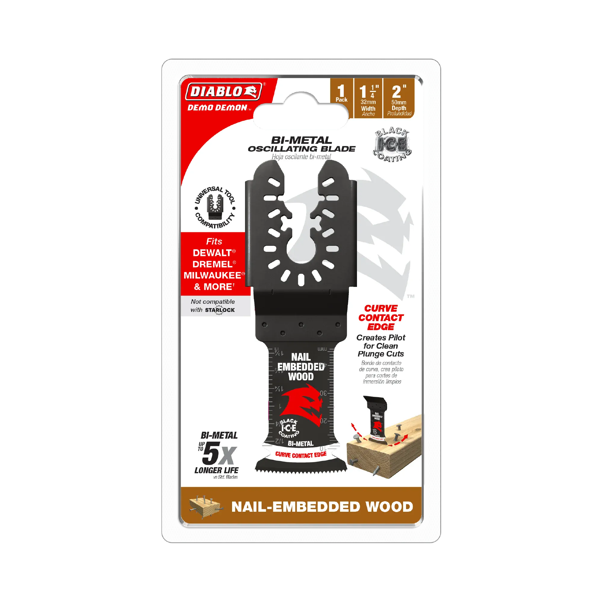 The Diablo DOU125BW 1-1/4 inch Demo Demon oscillating multi-tool blade enclosed in its single clear plastic retail clamshell package, highlighting labels for 5X longer life, universal tool compatibility, and a graphic illustration of the blade plunge-cutting through a nail-embedded wood beam.