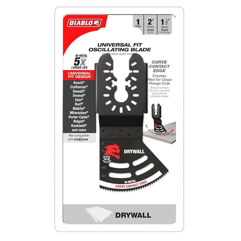 Packaging view of the Diablo DOU200RBD blade, highlighting key features such as the 5X longer life, universal fit design, and compatibility list including Bosch, Milwaukee, and Makita.