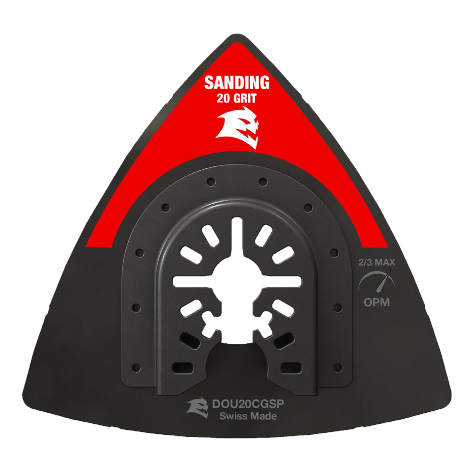 Diablo DOU20CGSP 3-1/2 inch 20-grit universal fit carbide grit oscillating sanding plate featuring an aggressive open-coat design for high-speed material removal and surface shaping.