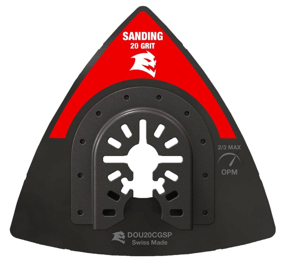 Diablo DOU20CGSP 3-1/2 inch 20-grit universal fit carbide grit oscillating sanding plate featuring an aggressive open-coat design for high-speed material removal and surface shaping.