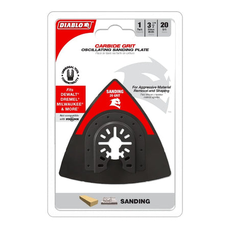 Retail packaging for the Diablo DOU20CGSP 20-grit carbide grit oscillating sanding plate highlighting its universal fit for Milwaukee, Dewalt, and Dremel multi-tools.