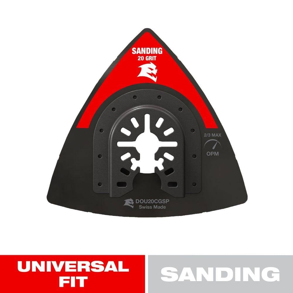 Close-up view of the Diablo 20-grit carbide grit sanding plate showcasing the universal fit interface and the recommended 2/3 maximum speed setting for industrial sanding applications.