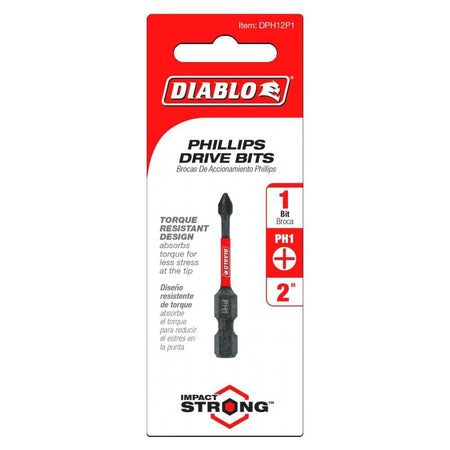 The retail hanging card packaging for the Diablo DPH12P1 Phillips Drive Bit. The red and white card displays one bit with a red brand band and includes high-visibility icons for the PH1 bit size, 2-inch length, and a 1-pack quantity. Marketing text on the card highlights the Torque Resistant Design and Impact Strong technology.