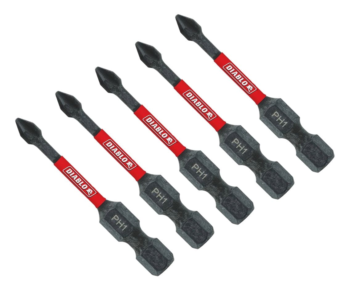A group product shot featuring five 2-inch Diablo Phillips #1 impact drive bits arranged in a diagonal parallel line. Each bit showcases a black finish, a 1/4-inch hex shank, a red brand band with the Diablo logo, and a laser-etched PH1 size identifier.