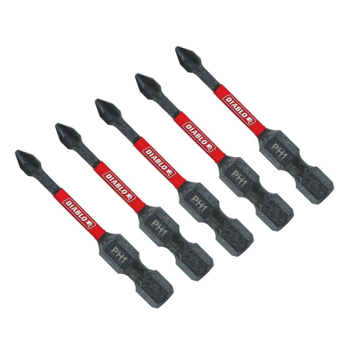 A group product shot featuring five 2-inch Diablo Phillips #1 impact drive bits arranged in a diagonal parallel line. Each bit showcases a black finish, a 1/4-inch hex shank, a red brand band with the Diablo logo, and a laser-etched PH1 size identifier.