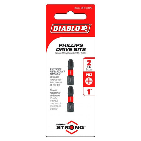 The retail hanging card packaging for the Diablo DPH31P2 Phillips Drive Bit set. The red and white card displays two bits with red brand bands and includes high-visibility icons for the PH3 bit size, 1-inch length, and a 2-pack quantity. Marketing text on the card highlights the Torque Resistant Design and Impact Strong technology.