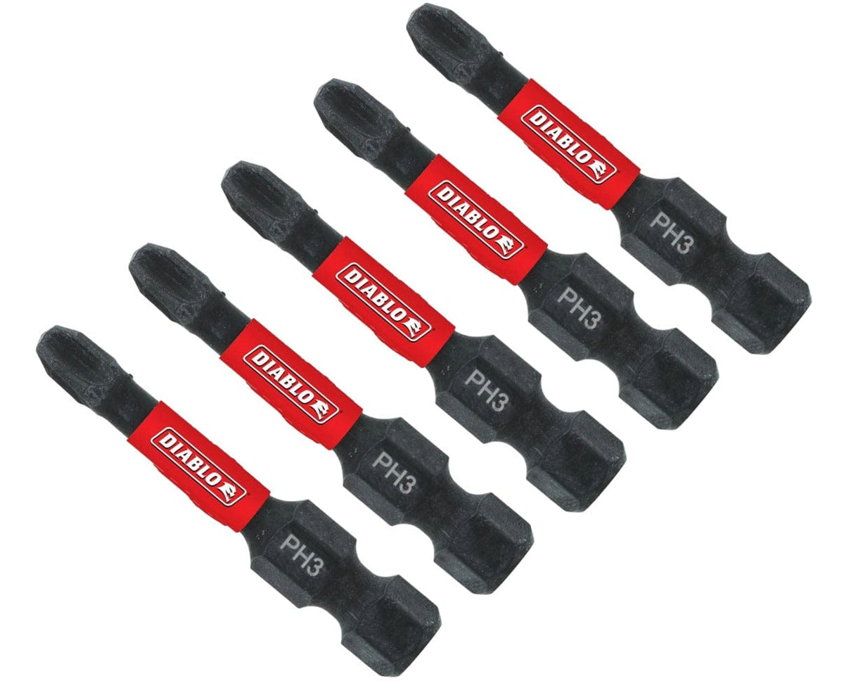 A fanned-out arrangement of five black Diablo Phillips #3 drive bits. Each bit features a 1/4-inch hex shank and a red brand band, with the PH3 size identifier laser-etched in white on the shank.