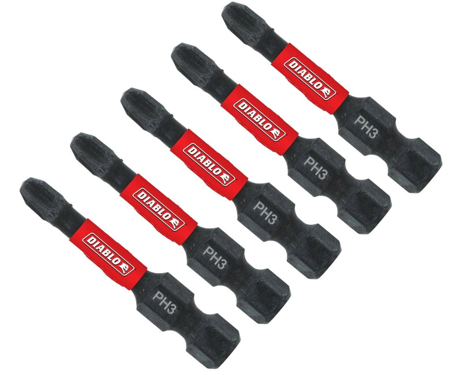 A fanned-out arrangement of five black Diablo Phillips #3 drive bits. Each bit features a 1/4-inch hex shank and a red brand band, with the PH3 size identifier laser-etched in white on the shank.