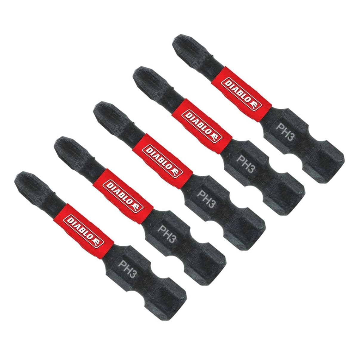 A fanned-out arrangement of five black Diablo Phillips #3 drive bits. Each bit features a 1/4-inch hex shank and a red brand band, with the PH3 size identifier laser-etched in white on the shank.