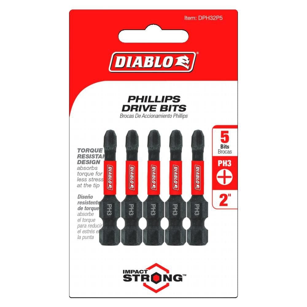 The retail hanging card packaging for a 5-pack of Diablo PH3 Phillips drive bits. The red and white card displays five bits and features icons for the Phillips head style, size PH3, and a 2-inch length.