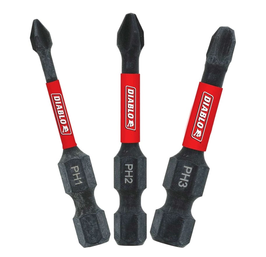 Three Diablo Phillips power bits sized PH1, PH2, and PH3 arranged vertically, featuring black oxide tips and red branding sleeves